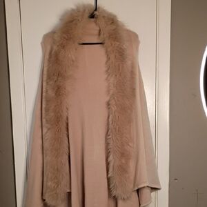 Beige Faux Fur Trim Cape